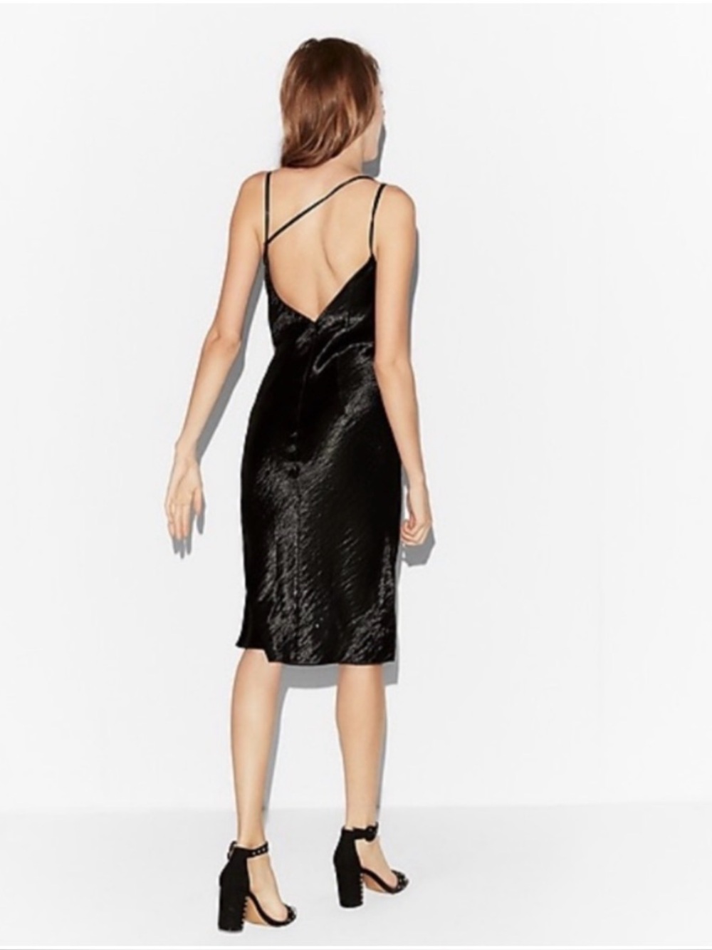 Express Black Asymmetric Strappy Low Back Satin Slip Dress S